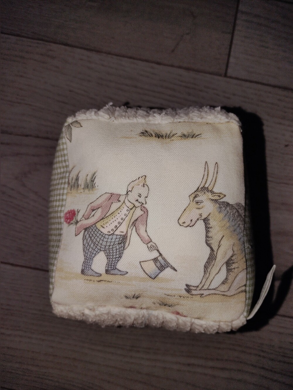 Vintage Storybook Linen Fabric & Chenille Baby Block Rattle